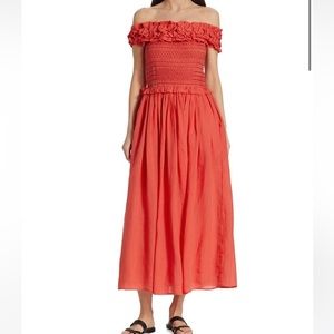 new Sea NY Frida coral red smocked ruffle rosette off shoulder midi dress